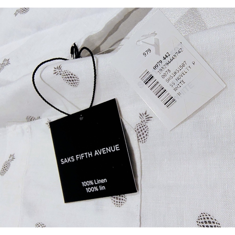 Saks Fifth Avenue Linen Shirt Mens Pineapple Print  Medium White NWT Casual M - Picture 7 of 11